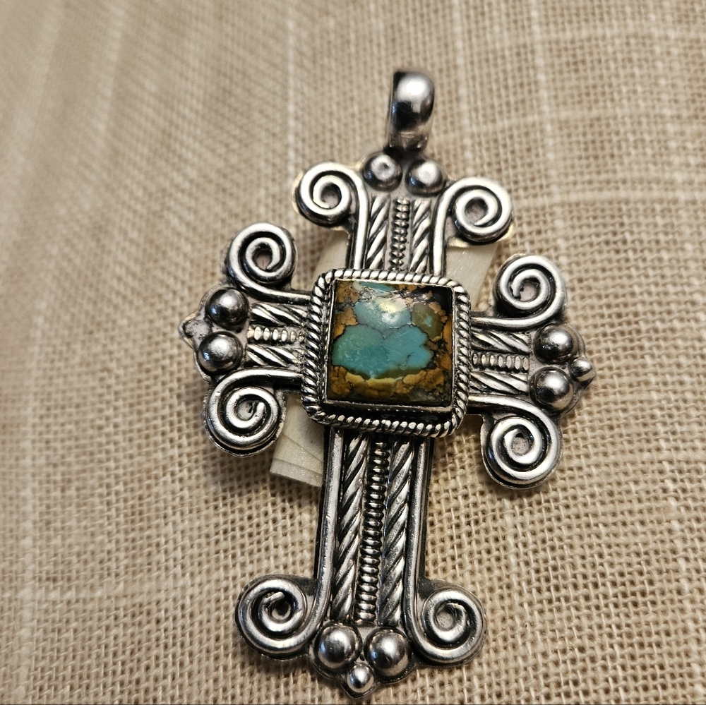 Navajo Sterling Silver Turquoise Cross Pendant Handcrafted Southwestern Jewelry